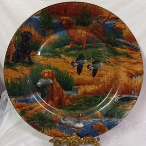 Wild Geese Decoupage Glass Plate Hunting, Dogs Pond   10" Decor